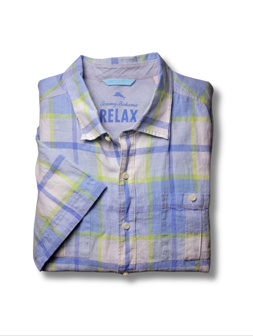 Tommy Bahama Light Blue & Lime Plaid 100% Linen Short Sleeve Button-Down XL